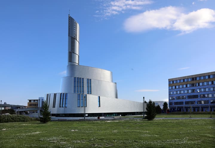 The titanium-clad spiral of the Northern Lights Cathedral in the centre of Alta