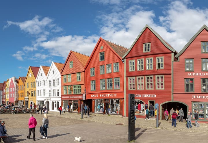 The wooden Hanseatic warehouses of Bryggen along the Bergen waterfront