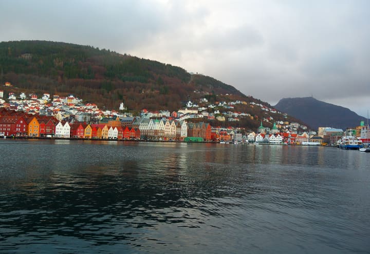 Bergen inner harbour with Bryggen and the surrounding hills seen from the water