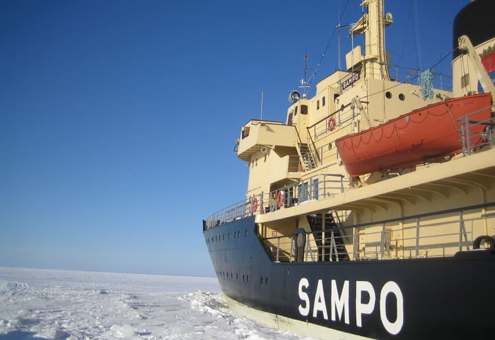 The icebreaker Sampo pushing through the sea ice of the Bothnian Bay off Kemi