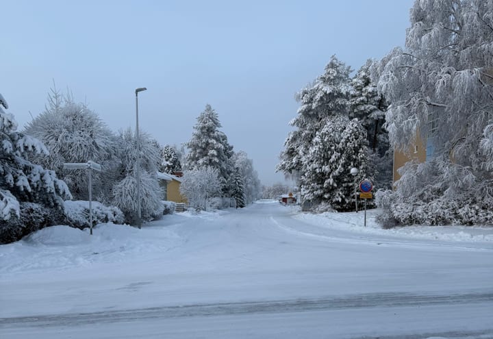 Snow-covered Nordic street with frosted trees